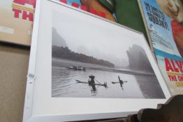 A large black and white print, Oriental fishing scene