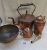 A copper kettle, copper bowl, copper teapot and copper coffee pot with handle off