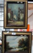 An oil on board, town scene, Dutch/German, signature indistinct and another oil on board