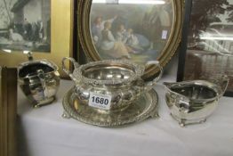 A silver plate salver and 3 other plated items