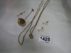 2 9ct gold chains, Pair of 9ct earrings and unmarked locket, bar brooch and stick pin