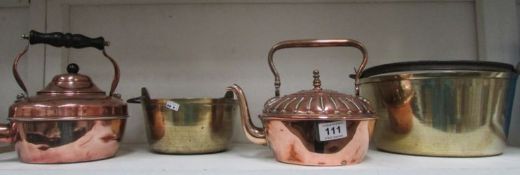 2 copper kettles and 2 brass jam pans