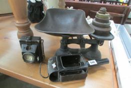 A set of scales with weights, Carriage lamp & bicycle lamp