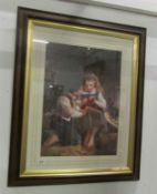 A large framed print of boy and girl knitting
