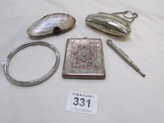 A shell purse and one other, propelling pencil,, cigarette case, bangle etc