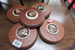 5 framed small pot lids depicting wildlife