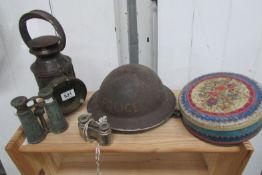 An LMS railway lantern, Tin police helmet, opera glasses, binoculars & 1 other item