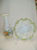 A superb Victorian vaseline glass dish and a hand painted glass vase