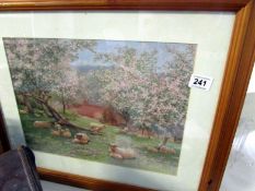 A pine framed print 'Sheep in Orchard'