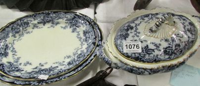 A blue and white tureen and 2 meat plates