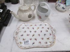 A Dresden tray and posy basket and a crested teapot