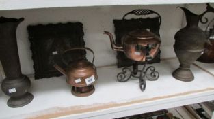 2 copper kettles, A ewer, vase and 2 trays