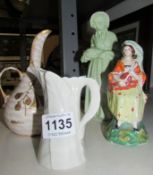 A Worcester jug, A German jug, Deco figure and one other