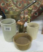 A brass saucepan, trivet, candlestick, money box and 3 stoneware pots