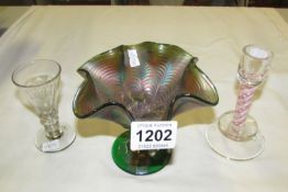 A carnival glass dish, twist glass candleholder and a shot glass