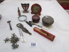 A mixed lot including tortoiseshell clock, boxes, buttons etc