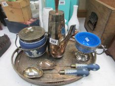 A silver plate gallery tray, Jasper ware biscuit barrel etc