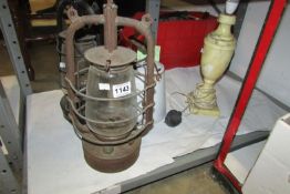 2 Hurricane lamps, An alabaster lamp base and an enamel milk pail