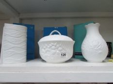 2 boxed Kaizer porcelain vases and 1 boxed lidded pot