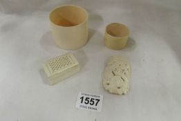4 ivory items inc lidded box, napkin ring etc