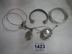 2 silver lockets, silver bracelet, 2 silver bangles and Jorgen Jensen pewter bangle