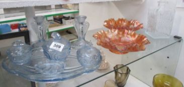 2 carnival glass bowls, a trinket set and a decanter