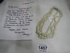 A 3 strand pearl necklace with marcasite clasp attributed to Emma, Lady Northampton