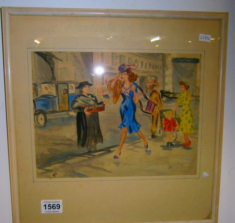 A 1930's 'Street Scene' watercolour, monogrammed