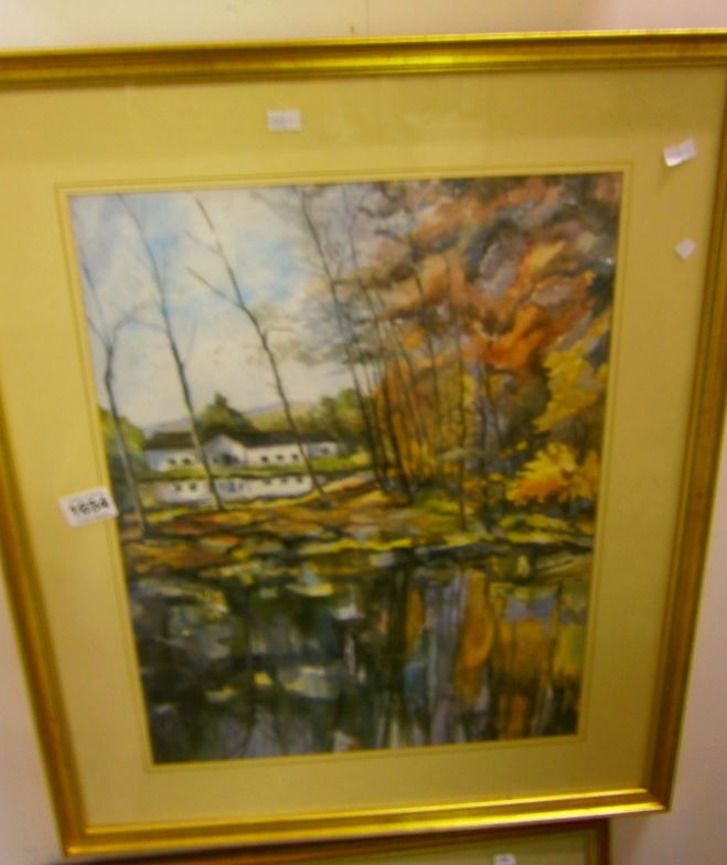 A framed contemporary watercolour 'House by Lakeside'