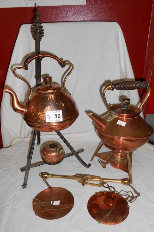 2 copper kettles on stands and a set of beam scales