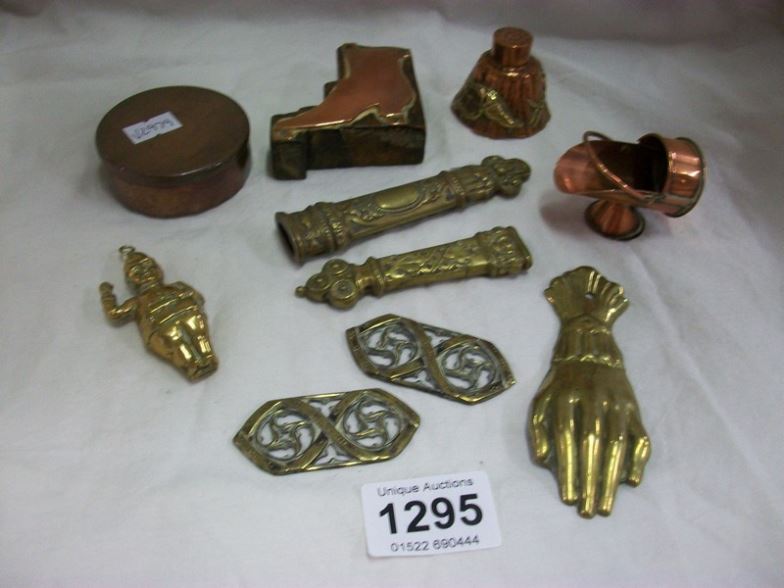 A Victorian copper boot print block, copper powder shaker & baby rattle etc.