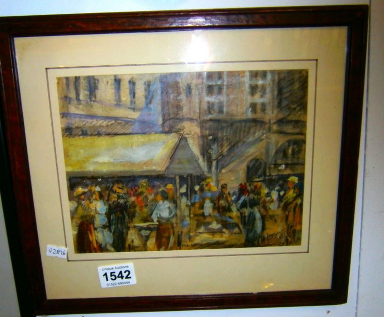 A 1923 watercolour 'The Market Place, Venlo, Holland' signed F L Peters