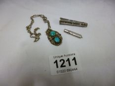 A silver cigarette holder, chatelain pencil & silver & turquoise pendant