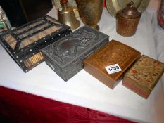 A Porcupine quill box, a metal box and an inlaid box & 1 other