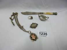 A HM silver Albert & fob, small silver teapot, brooch & knife