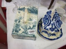 A Victorian blue and white cheese dish and a cheese dish cover