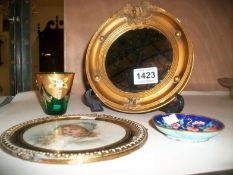 A small mirror, cloissonne dish, picture and glass