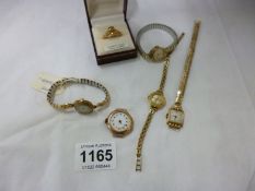 A quantity of gold cased watches and a 9ct gold ring