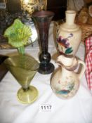 4 old glass vases and a jug