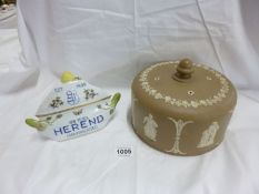 A Copeland stilton dome cover (21.5cm diameter) and a ceramic Herend shop display sign