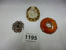 A cameo brooch a/f, a celtic brooch a/f & a fine white and yellow metal brooch set various stones