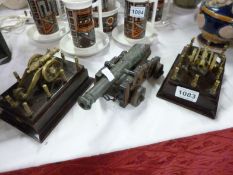 3 model brass cannons on wood bases