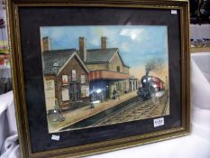 A watercolour of a railway station & a train