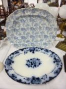 A large blue and white meat platter a/f and one other