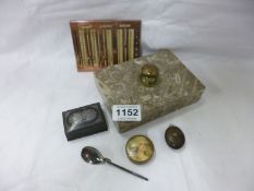 A marble paperweight, knitter's guide, 2 pill boxes etc.