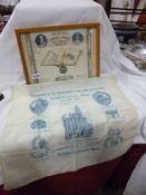 A 1902 Coronation souvenir cloth and a framed Manchester Library 1934 cloth