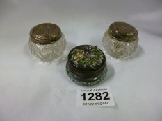 A hand enamelled glass trinket pot and 2 others, all a/f