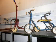 A Vintage Triang scooter, a vintage tricycle and rocking horse