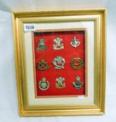 A gilt framed display of 9 military cap badges