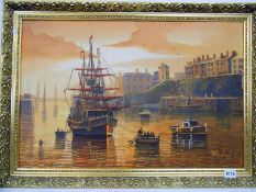A gilt framed harbour scene bearing the signature W H Stockton